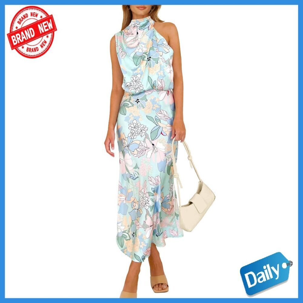 Satin Maxi Dress Sleeveless Mock Neck Formal Party Cocktail